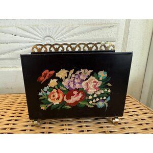 Vintage 50's Black Metal Floral Hand Painted Toleware Napkin/Letter Holder